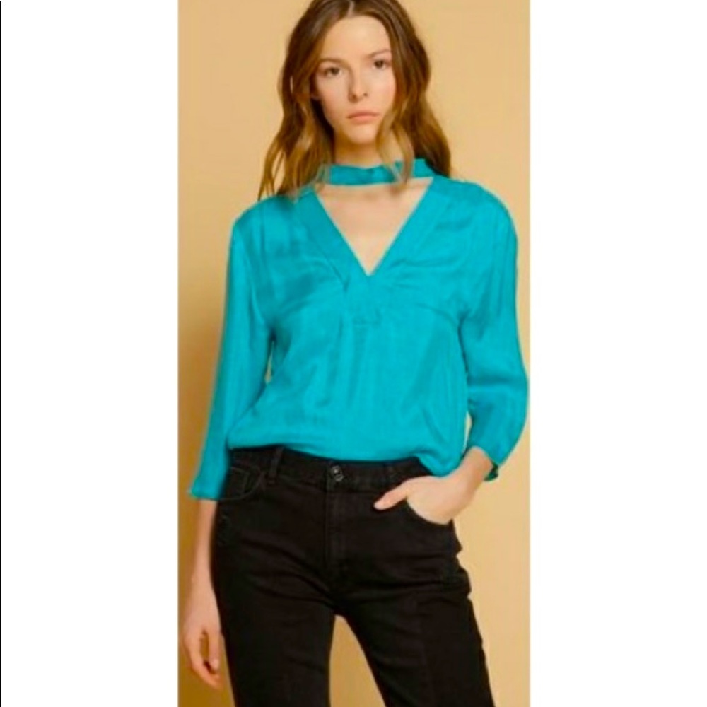 Sandro Renza Teal Tie Back Scarf Neck Top 2 M